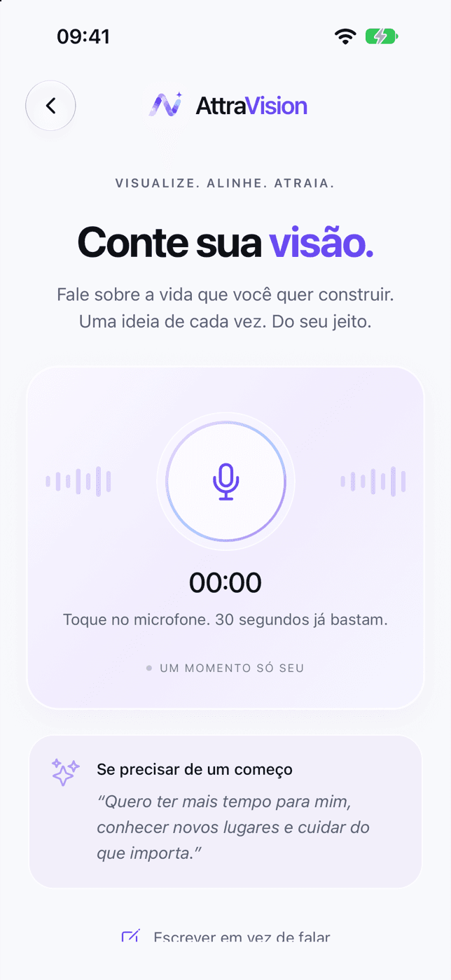 Tela “Conte sua visão”: o botão do microfone para falar sobre a vida que você quer construir e uma sugestão de começo.