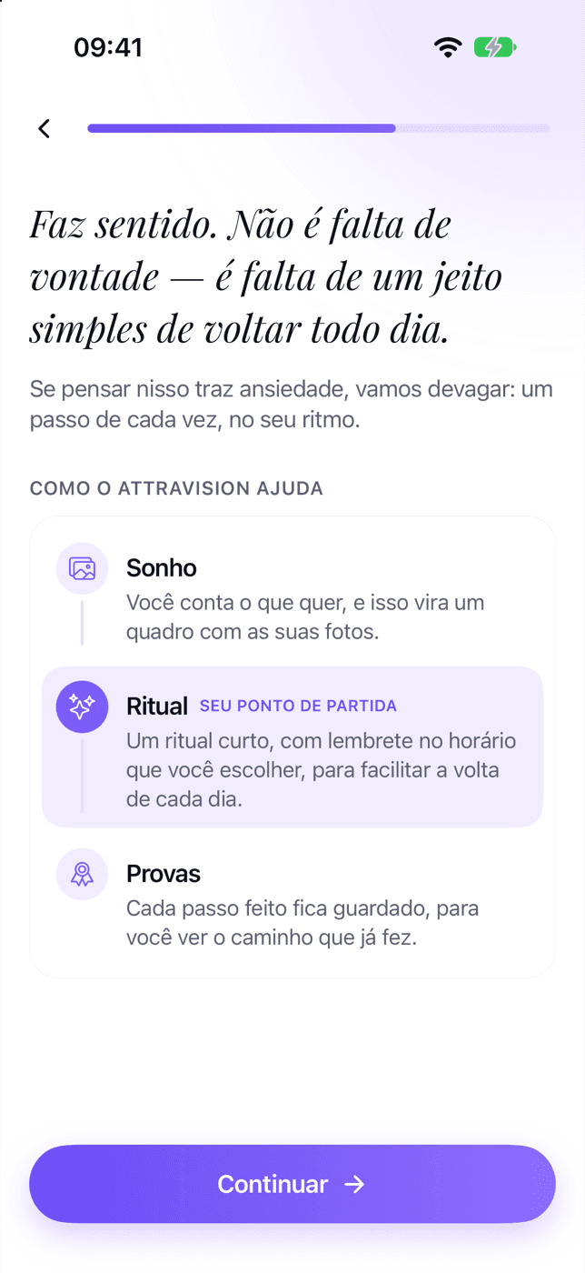 Onboarding: “Faz sentido. Não é falta de vontade — é falta de um jeito simples de voltar todo dia.” e como o app ajuda: sonho, ritual e provas.