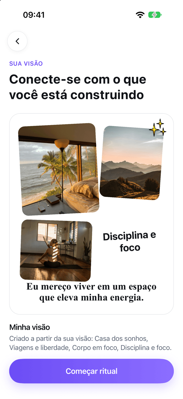 Quadro de visão montado: colagem com as fotos dos sonhos e a afirmação “Eu mereço viver em um espaço que eleva minha energia.”
