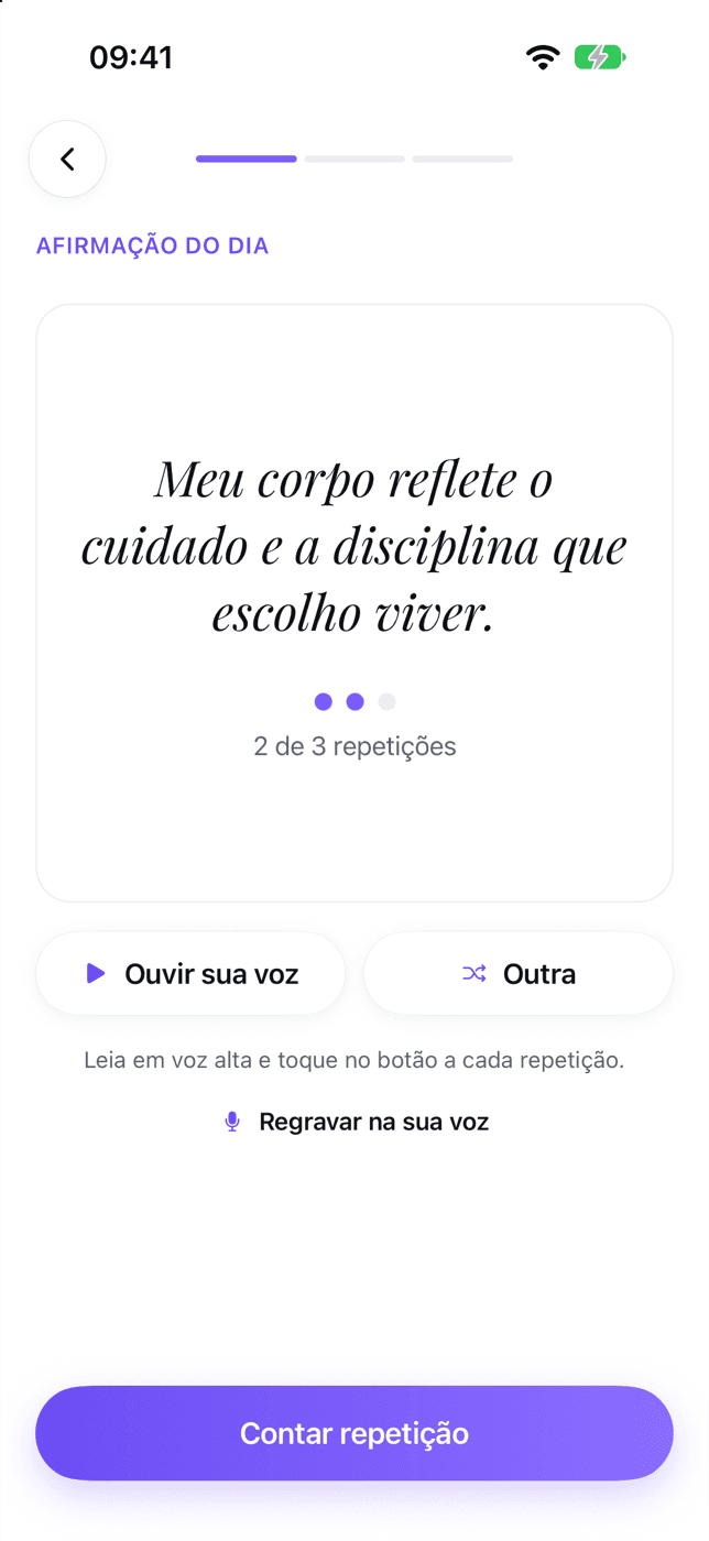 Passo Afirmar do ritual: a afirmação do dia em letras grandes, a contagem de repetições e o botão para ouvir na sua voz.