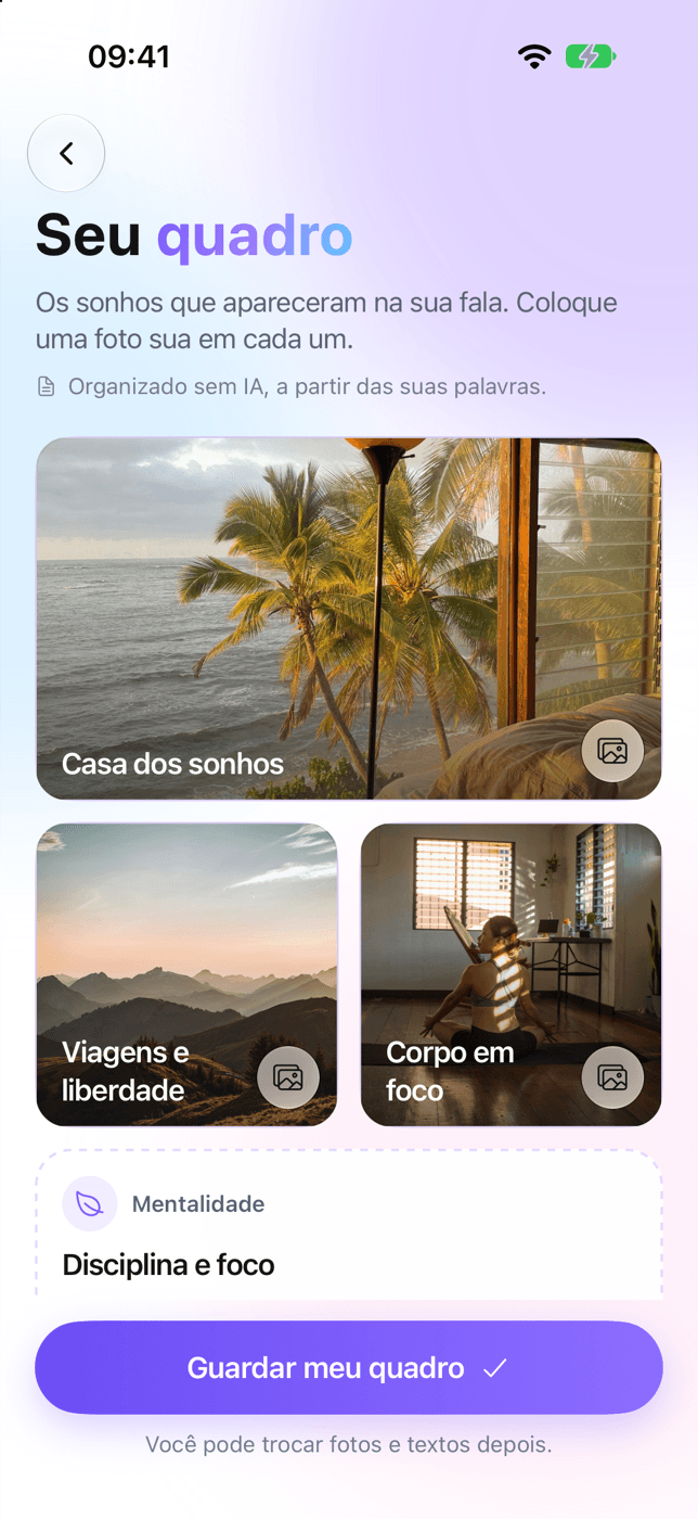 Tela “Seu quadro”: os sonhos que apareceram na fala — Casa dos sonhos, Viagens e liberdade e Corpo em foco —, cada um com uma foto.