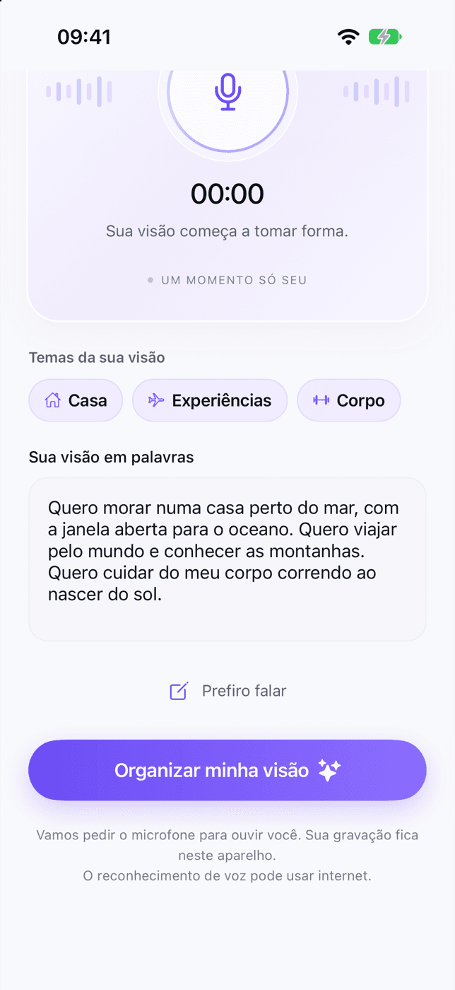 Contar a visão por texto: os temas Casa, Experiências e Corpo aparecem enquanto a pessoa escreve, e o botão “Organizar minha visão”.