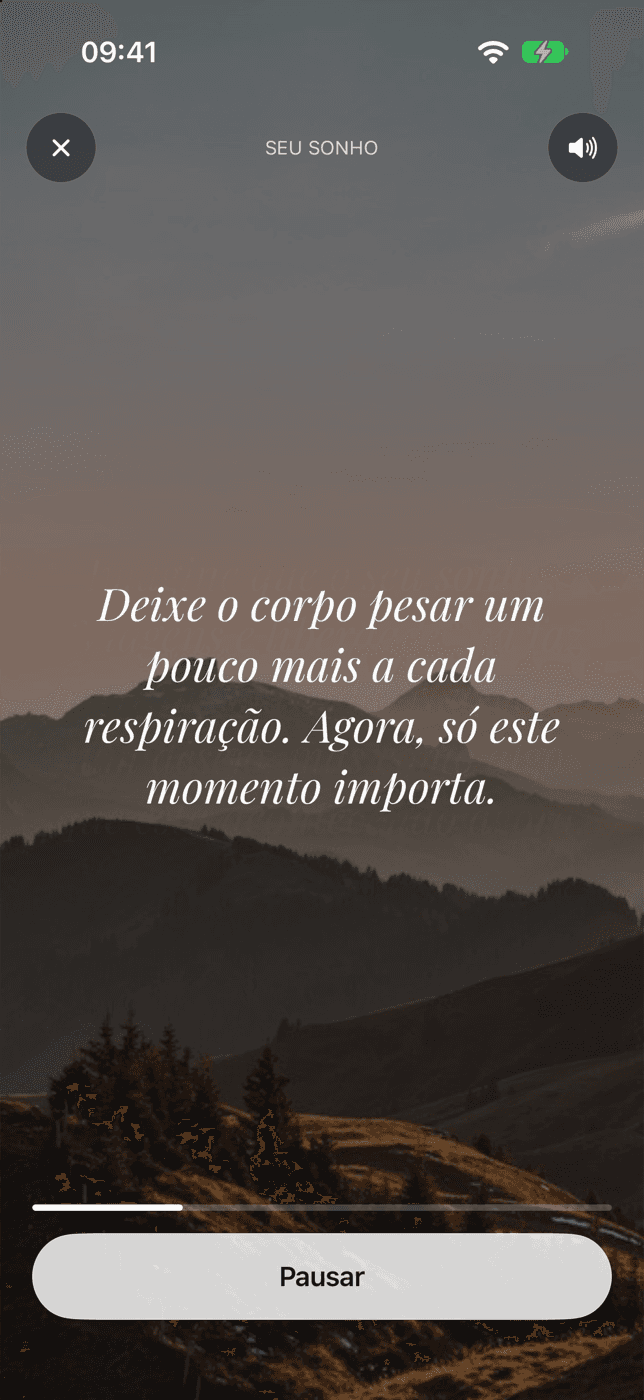 Visualização guiada: foto do sonho escurecida e o trecho narrado em letras grandes, com a barra de progresso e o botão de pausar.
